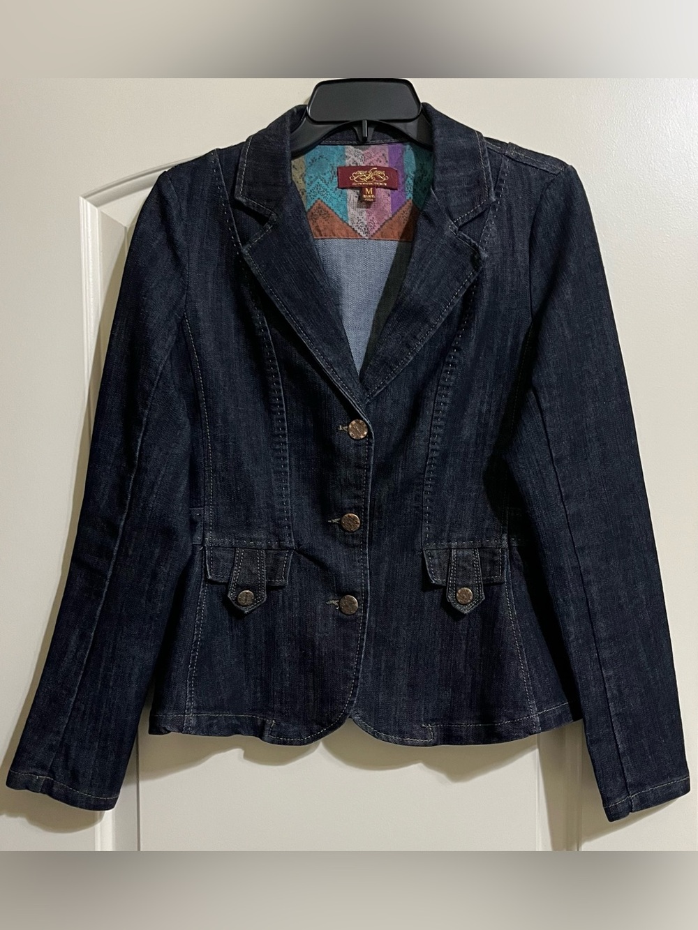 One 5 One Dark Blue Denim 3 Button Tailored Fitted Blazer Jacket Size Medium